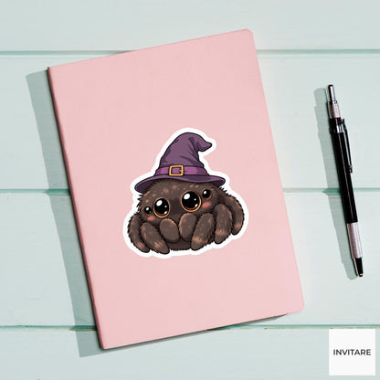 Bashful Jumping Spider Witch Hat Sticker, Cute Kawaii Halloween Laptop Bottle Planner Journal Gift