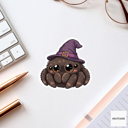 Bashful Jumping Spider Witch Hat Sticker, Cute Kawaii Halloween Laptop Bottle Planner Journal Gift