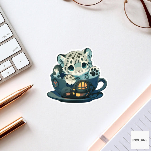 Snow Leopard Teacup Ride Sticker, Emergency Stop Halloween Meme Laptop Water Bottle Decal