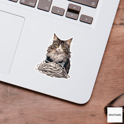 Maine Coon Referee Sticker, Tangled Earbud Chaos Funny Cat Meme Decal