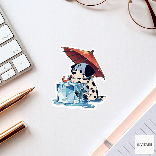 Dalmatian Parasol Sticker, Melting Ice Cube Funny Dog Meme Laptop Decal