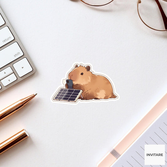Capybara Solar Phone Sticker, Low Battery Funny Animal Meme Laptop Water Bottle Decal