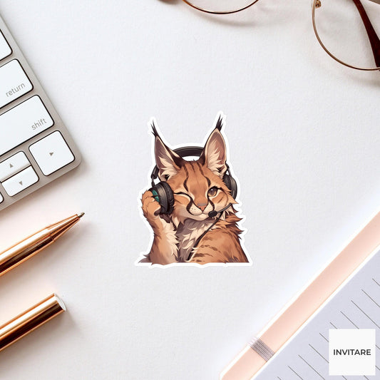 Caracal Headset Sticker, Imaginary Call Funny Animal Meme Laptop Water Bottle Decal