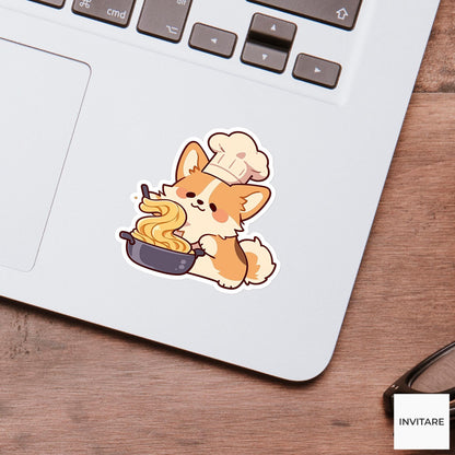 Corgi Noodle Chef Sticker, Pasta Night Funny Animal Meme Laptop Water Bottle Decal