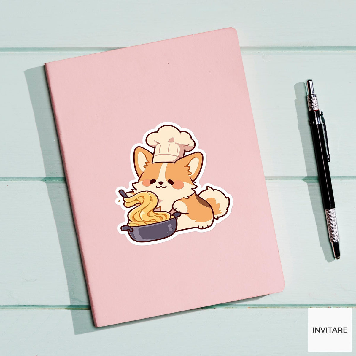 Corgi Noodle Chef Sticker, Pasta Night Funny Animal Meme Laptop Water Bottle Decal
