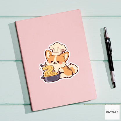 Corgi Noodle Chef Sticker, Pasta Night Funny Animal Meme Laptop Water Bottle Decal