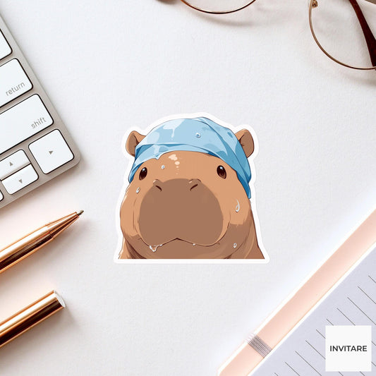 Hippo Rain Bonnet Sticker, Keeping Hair Dry Funny Animal Meme Laptop Water Bottle Decal