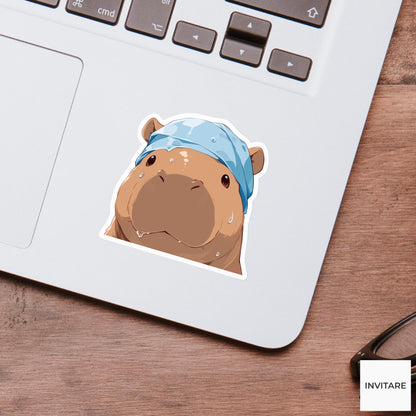 Hippo Rain Bonnet Sticker, Keeping Hair Dry Funny Animal Meme Laptop Water Bottle Decal