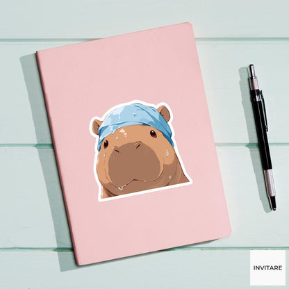 Hippo Rain Bonnet Sticker, Keeping Hair Dry Funny Animal Meme Laptop Water Bottle Decal