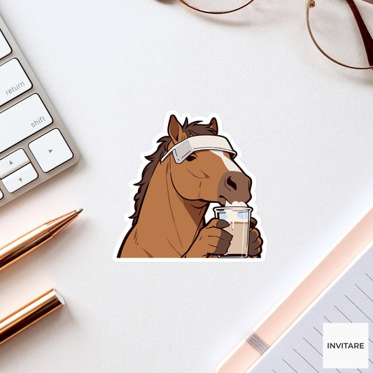 Horse Barista Sticker, Morning Shift Funny Animal Meme Laptop Water Bottle Decal