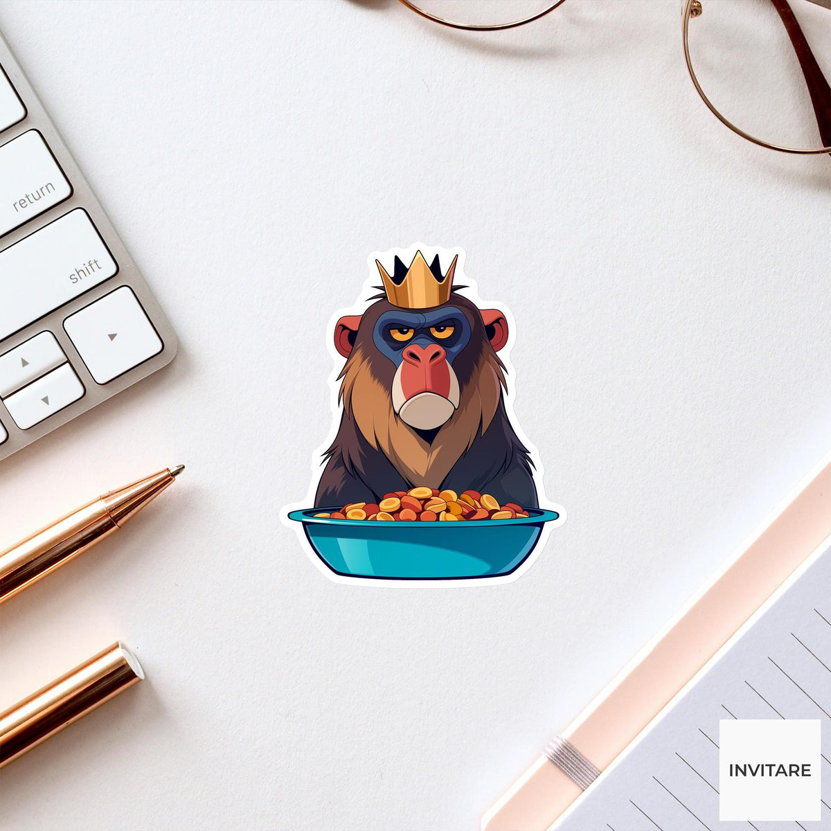 Mandrill Crown Sticker, Empty Snack Bowl Funny Animal Meme Laptop Water Bottle Decal