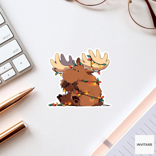 Moose Holiday Lights Sticker, Antler Tangle Funny Animal Meme Laptop Water Bottle Decal