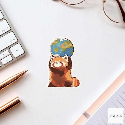 Red Panda Globe Sticker, Time Zone Confusion Funny Animal Meme Laptop Water Bottle Decal