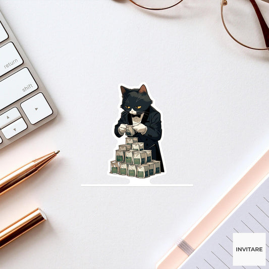 Tuxedo Cat Tea Sticker, Serious Morning Ritual Funny Animal Meme Laptop Water Bottle Decal