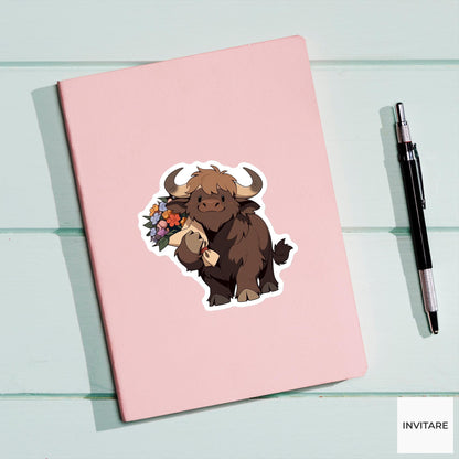 Water Buffalo Bouquet Sticker, Shy Romance Funny Animal Meme Laptop Water Bottle Decal