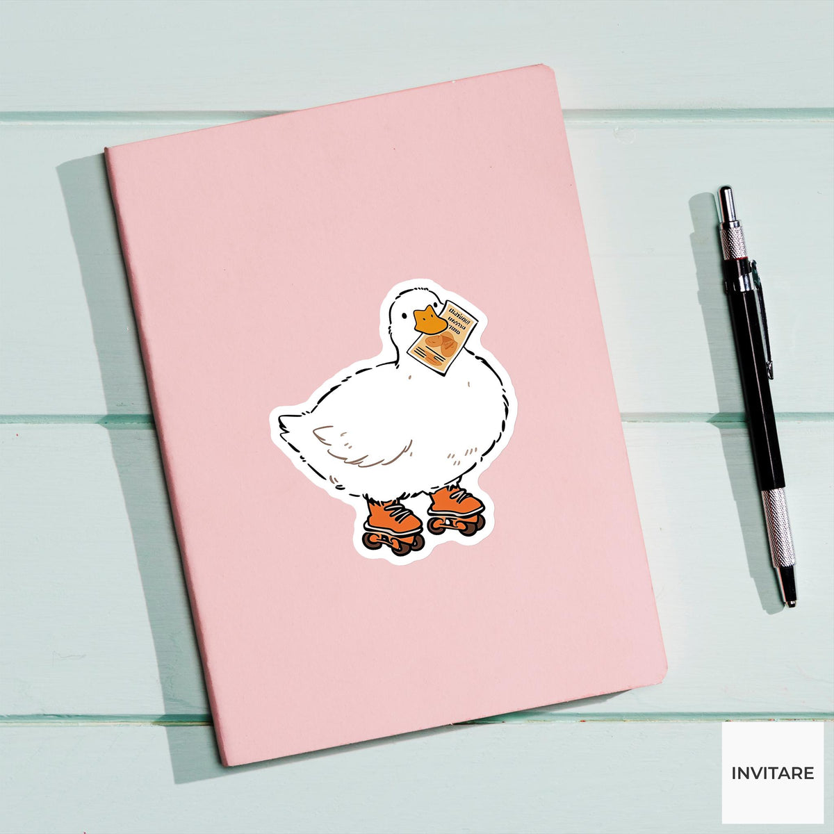 White Duck Rollerblade Sticker, Savings Sprint Funny Animal Meme Laptop Water Bottle Decal