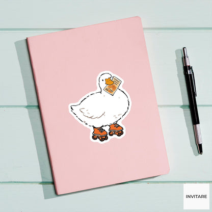 White Duck Rollerblade Sticker, Savings Sprint Funny Animal Meme Laptop Water Bottle Decal