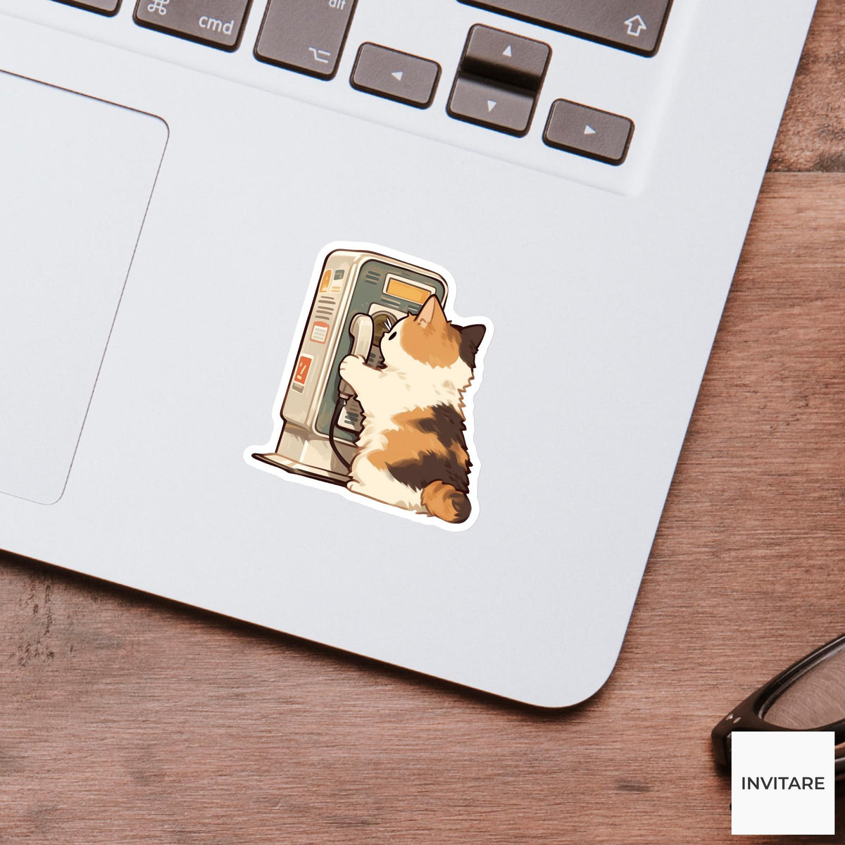 Calico Cat Payphone Sticker, Retro Kawaii Animal Laptop Water Bottle Decal