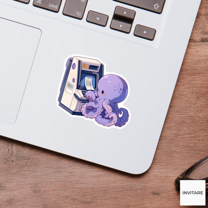 Purple Octopus Ticket Kiosk Sticker, Kawaii Animal Laptop Water Bottle Decal