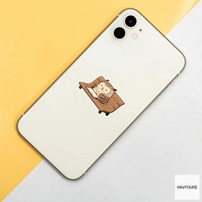 Owl Reading Bench Sticker, Bookish Kawaii Animal Laptop Water Bottle Decal