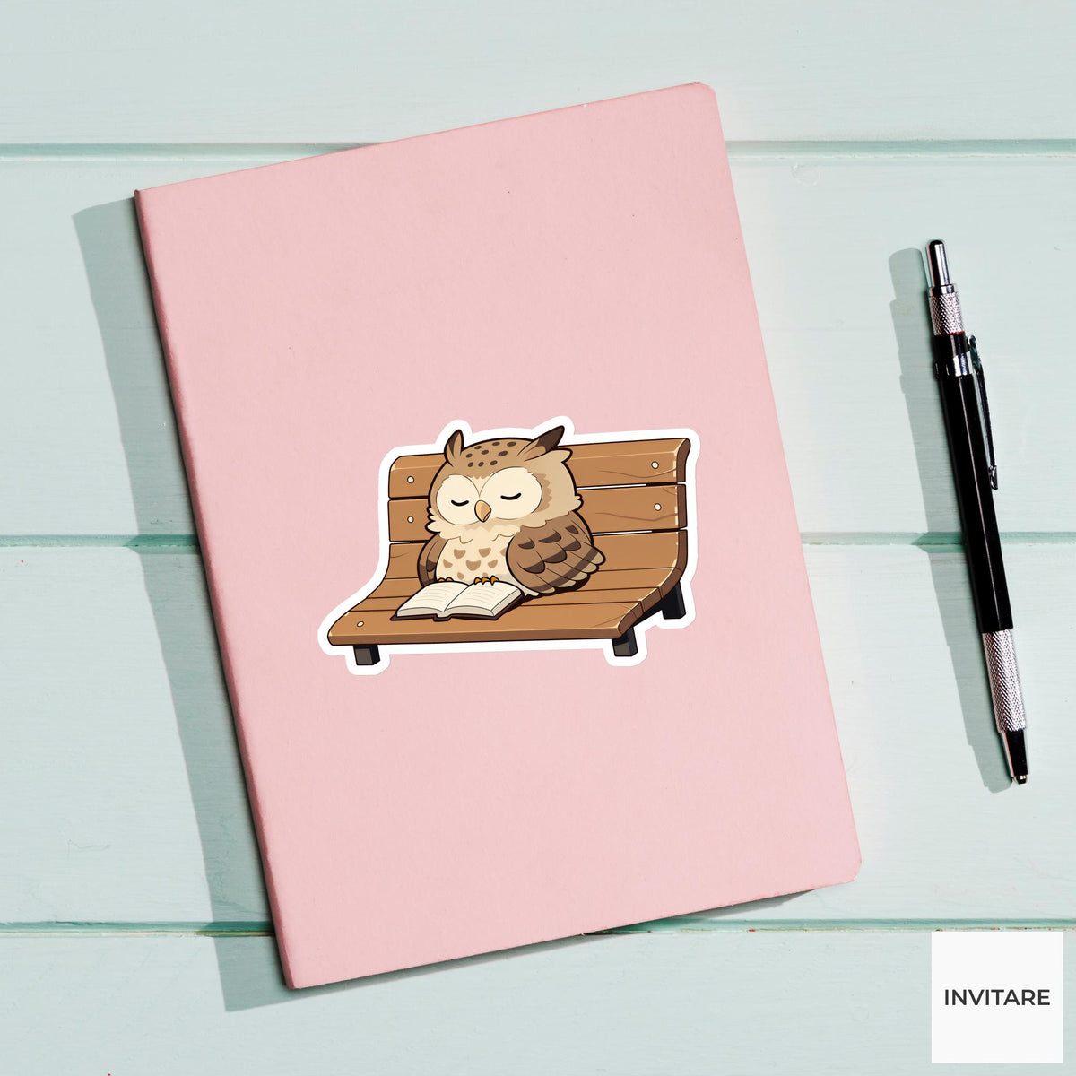 Owl Reading Bench Sticker, Bookish Kawaii Animal Laptop Water Bottle Decal