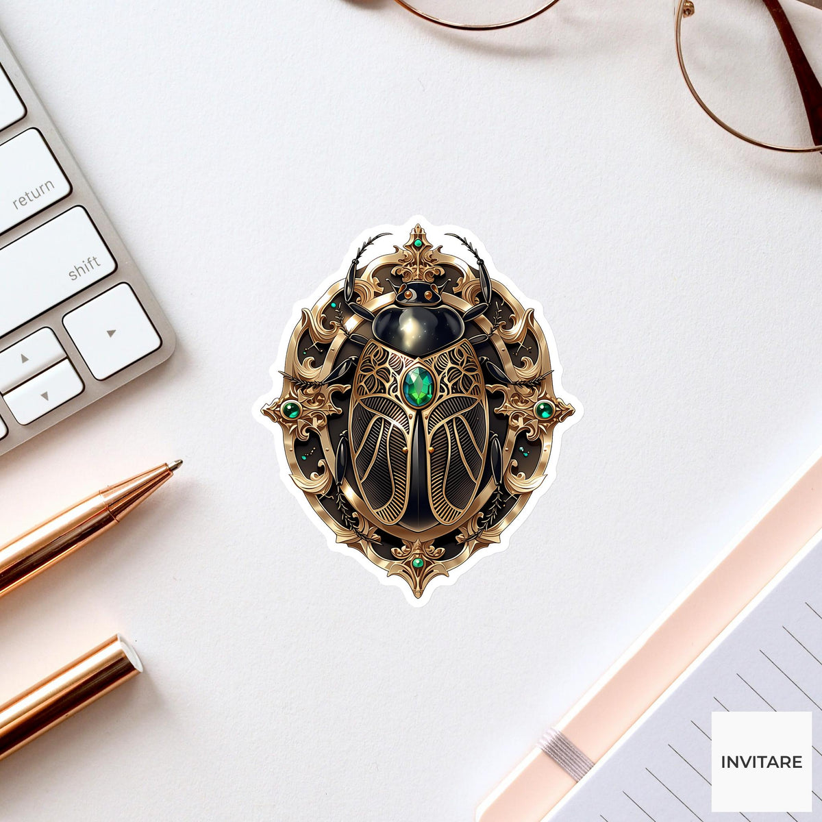Jewel Beetle Heraldic Crest Sticker, Medieval Kawaii Laptop Water Bottle Decal