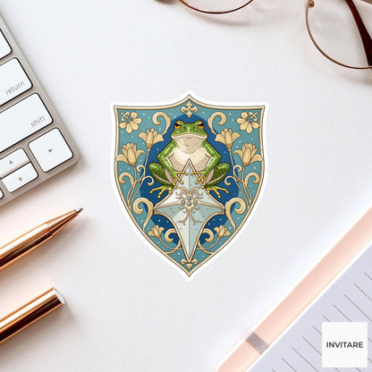 Frog Heraldic Crest Sticker, Medieval Floral Laptop Water Bottle Decal