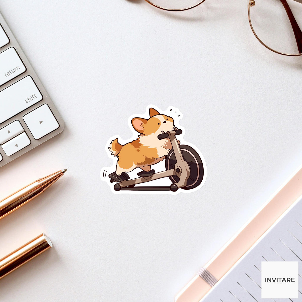 Corgi Stationary Bike Sticker, Kawaii Workout Dog Laptop Water Bottle Decal