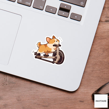 Corgi Stationary Bike Sticker, Kawaii Workout Dog Laptop Water Bottle Decal