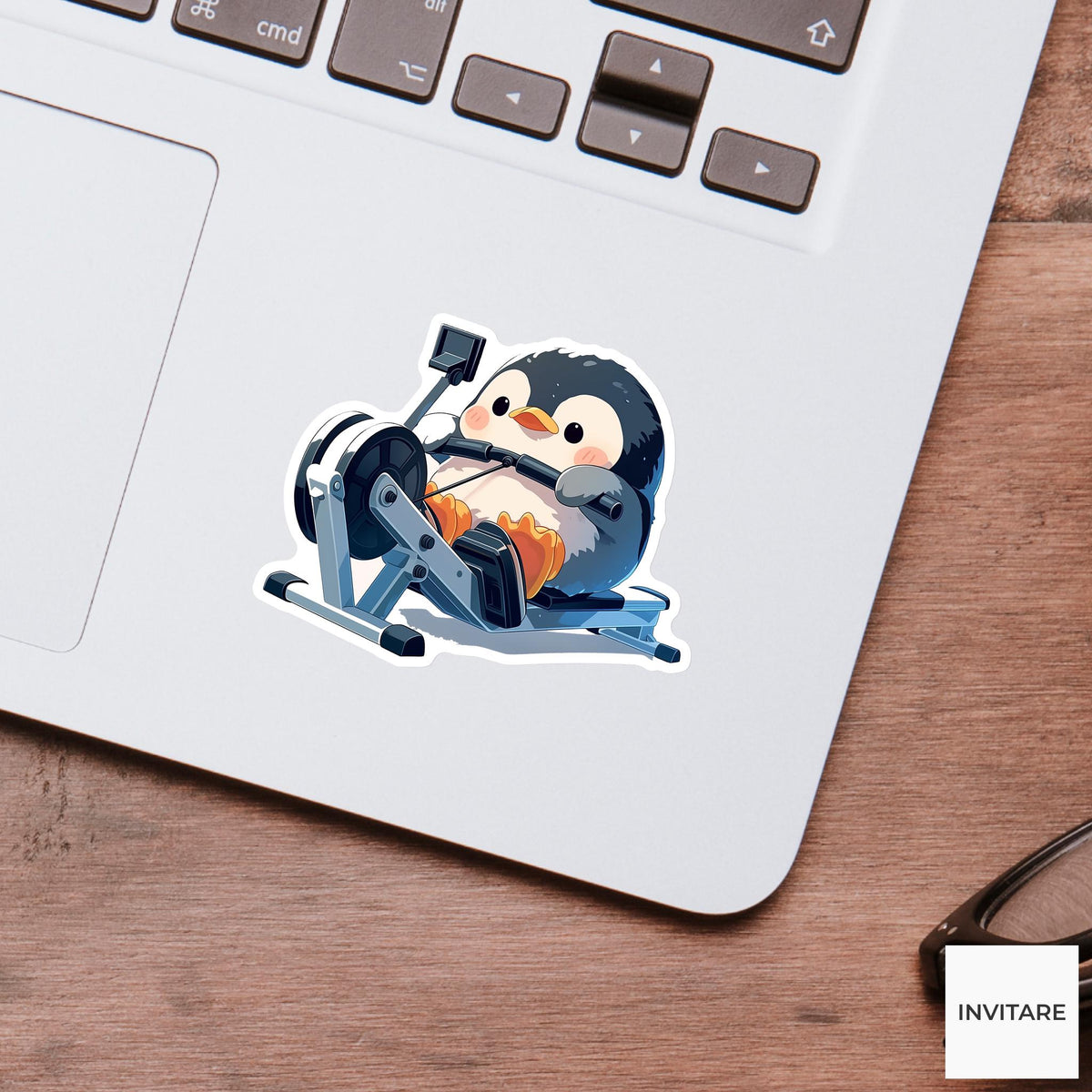 Penguin Rowing Workout Sticker, Kawaii Gym Bird Laptop Water Bottle Decal