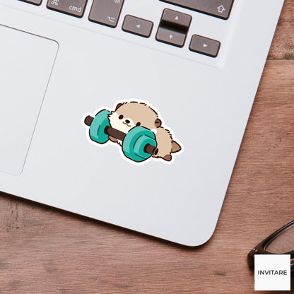 Otter Barbell Lift Sticker, Cute Gym Animal Laptop Water Bottle Decal