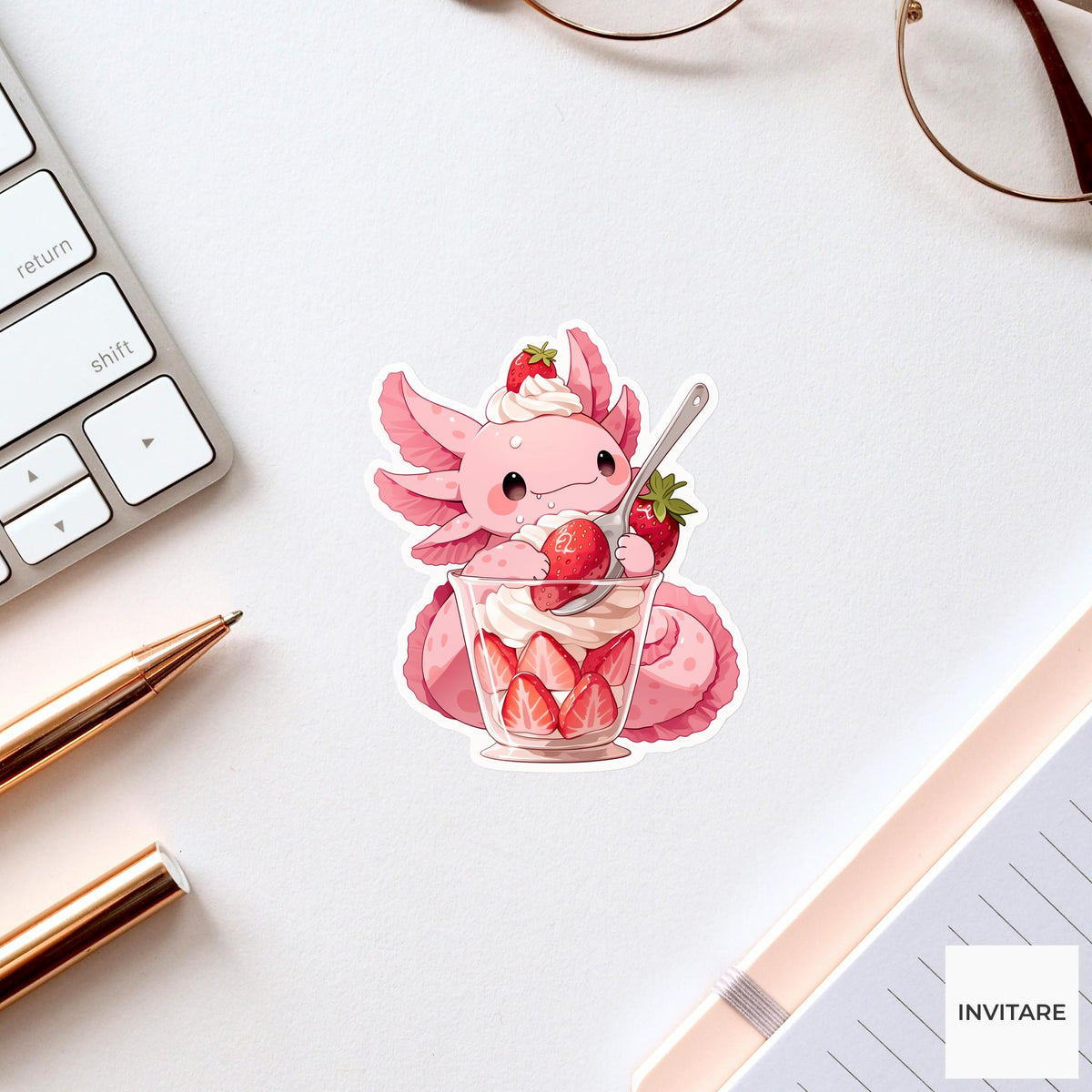 Axolotl Strawberry Parfait Sticker, Cute Food Lover Kitchen Laptop Water Bottle Planner Decal
