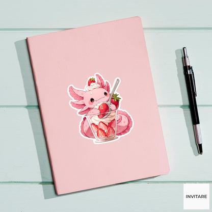 Axolotl Strawberry Parfait Sticker, Cute Food Lover Kitchen Laptop Water Bottle Planner Decal