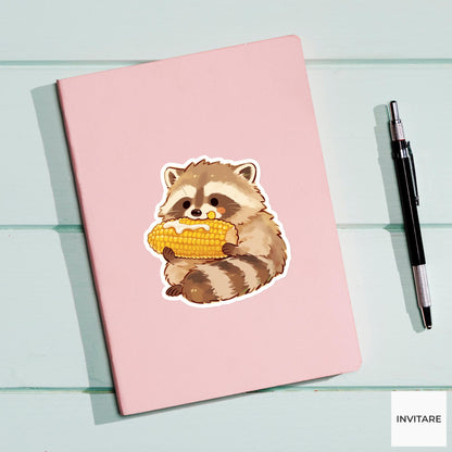 Raccoon Barbecue Corn Sticker, Cute Kawaii Kitchen Laptop Water Bottle Journal Decor Gift