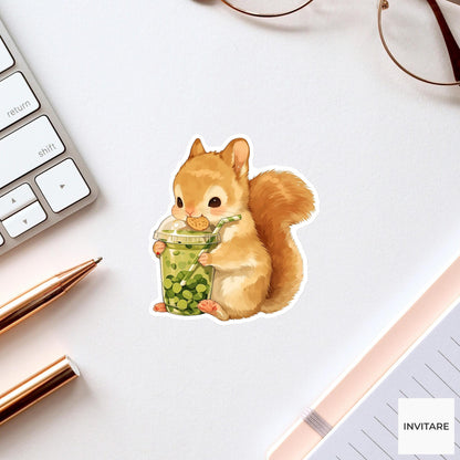 Squirrel Iced Matcha Sticker, Cute Kawaii Foodie Kitchen Laptop Water Bottle Planner Gift