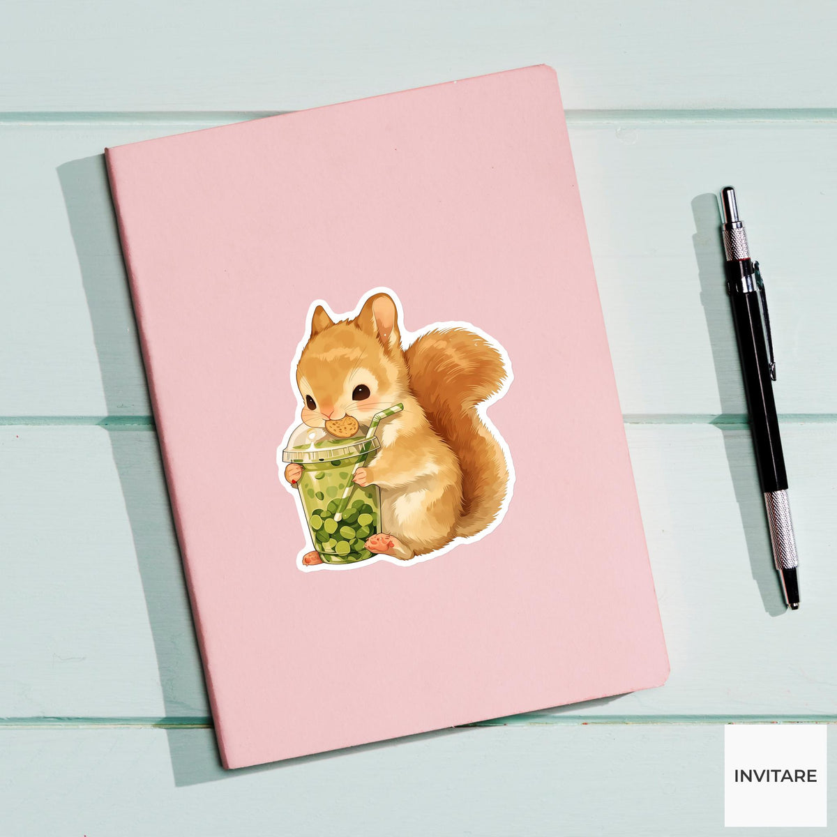 Squirrel Iced Matcha Sticker, Cute Kawaii Foodie Kitchen Laptop Water Bottle Planner Gift