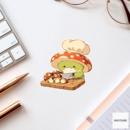 Frog Mushroom Chef Sticker, Cute Food Lover Kitchen Laptop Water Bottle Planner Decal