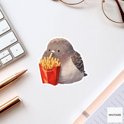 Pigeon Curly Fries Sticker, Cute Food Lover Kitchen Laptop Water Bottle Planner Decal
