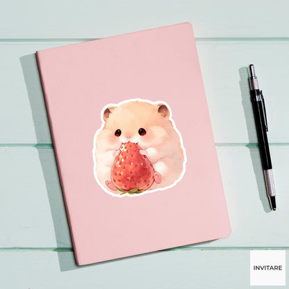 Hamster Strawberry Daifuku Sticker, Cute Kawaii Foodie Kitchen Laptop Water Bottle Planner Gift