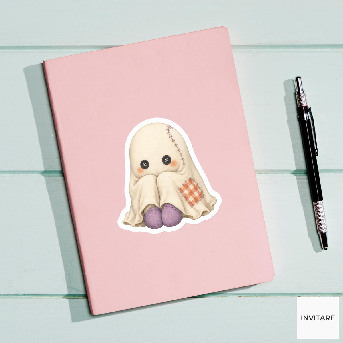 Patchwork Ghost Plush Sticker, Cute Spooky Halloween Laptop Bottle Planner Journal Gift