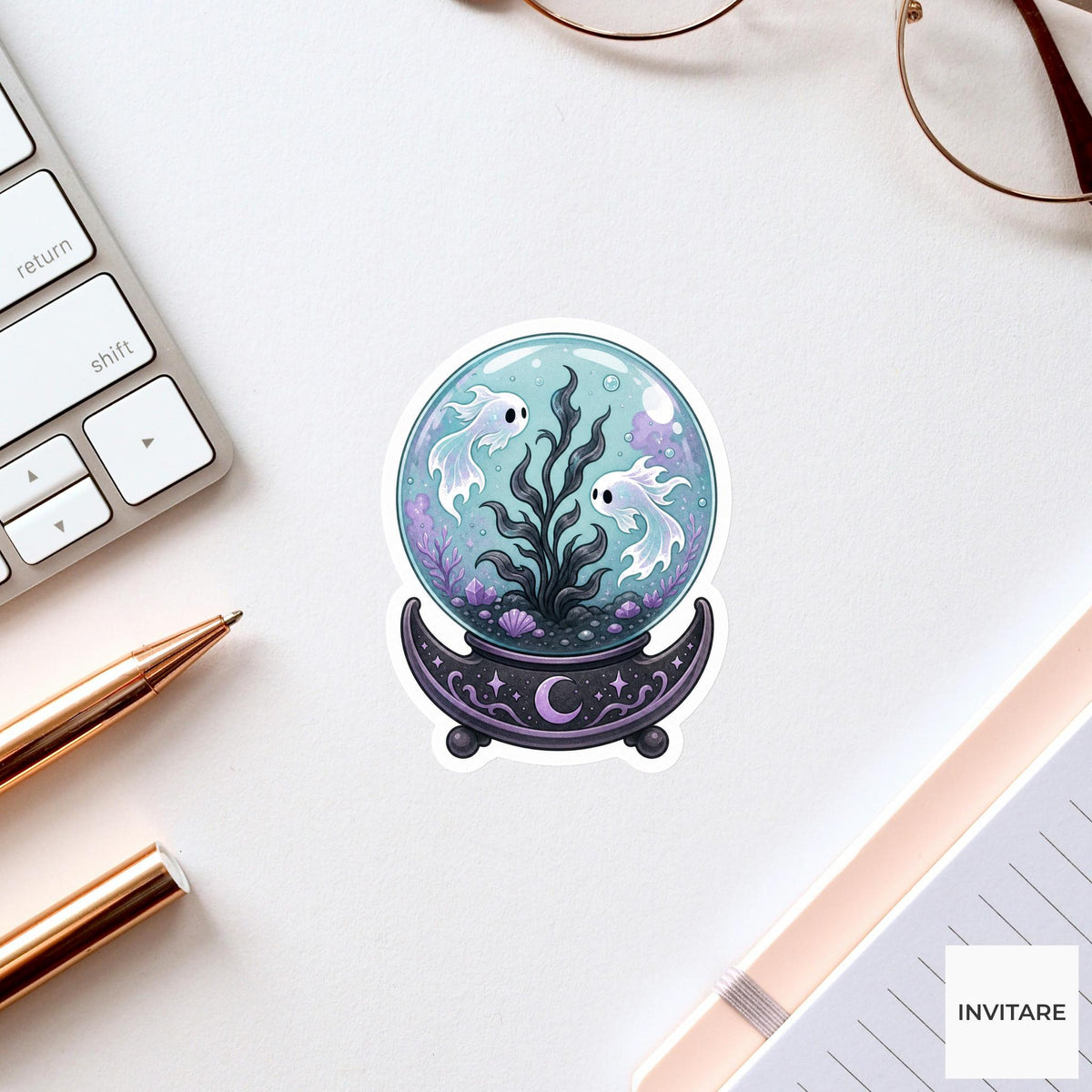 Crystal Ball Ghost Aquarium Sticker, Cute Spooky Halloween Laptop Bottle Planner Journal Gift