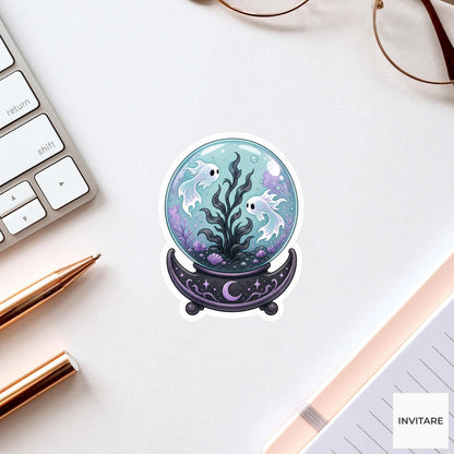 Crystal Ball Ghost Aquarium Sticker, Cute Spooky Halloween Laptop Bottle Planner Journal Gift