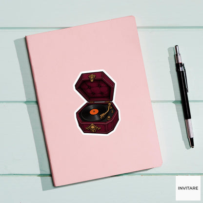 Coffin Record Player Sticker, Cute Spooky Halloween Laptop Bottle Planner Journal Gift