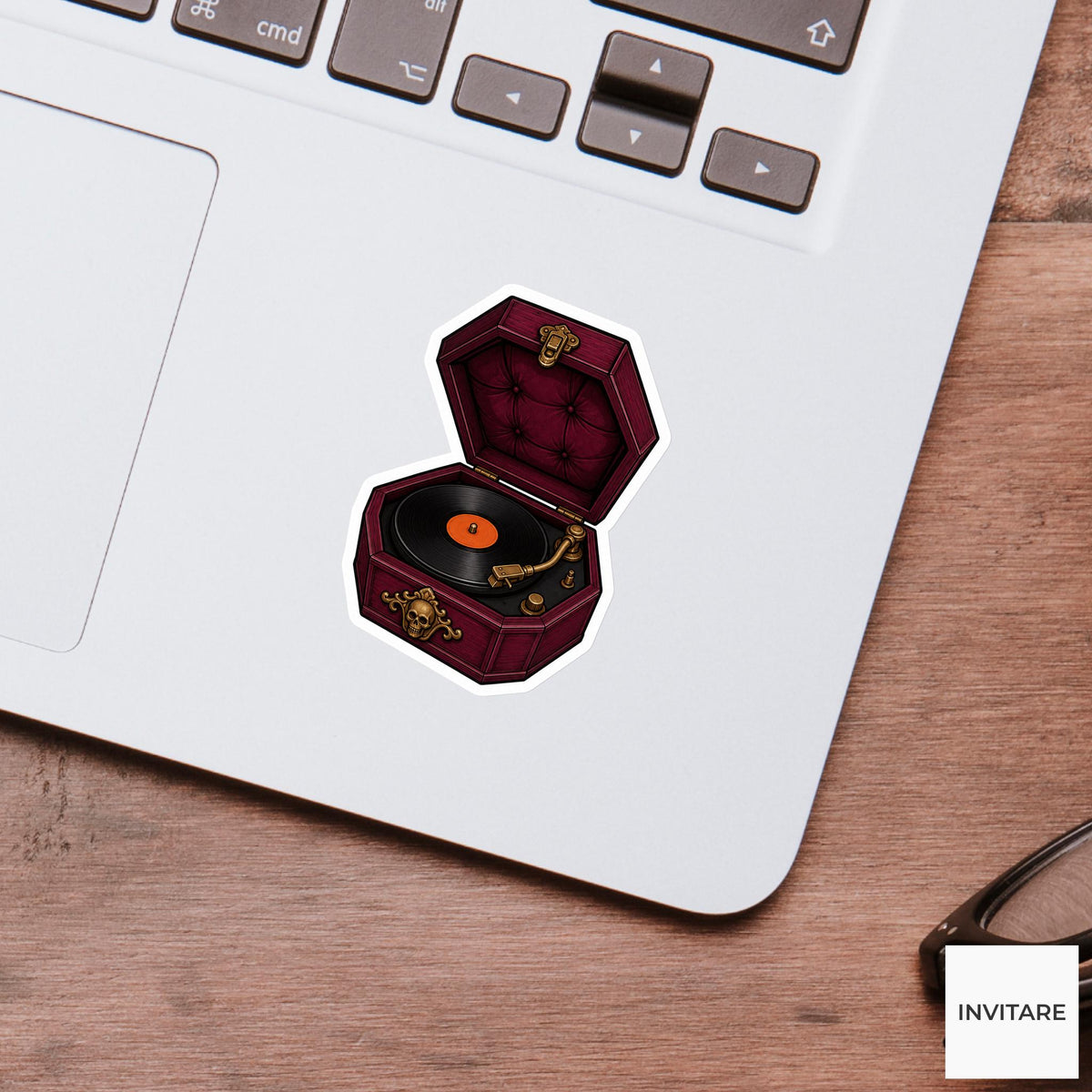Coffin Record Player Sticker, Cute Spooky Halloween Laptop Bottle Planner Journal Gift