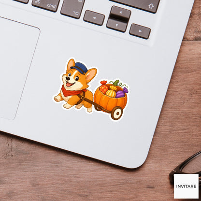 Corgi Candy Delivery Cart Sticker, Cute Spooky Halloween Laptop Bottle Planner Journal Gift