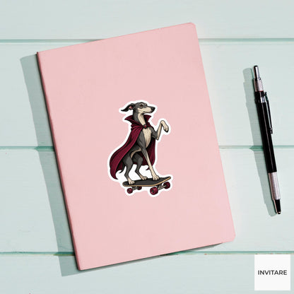 Greyhound Vampire Skateboarder Sticker, Cute Spooky Halloween Laptop Bottle Planner Journal Gift