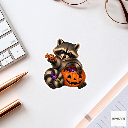 Raccoon Candy Trader Sticker, Cute Spooky Halloween Laptop Bottle Planner Journal Gift