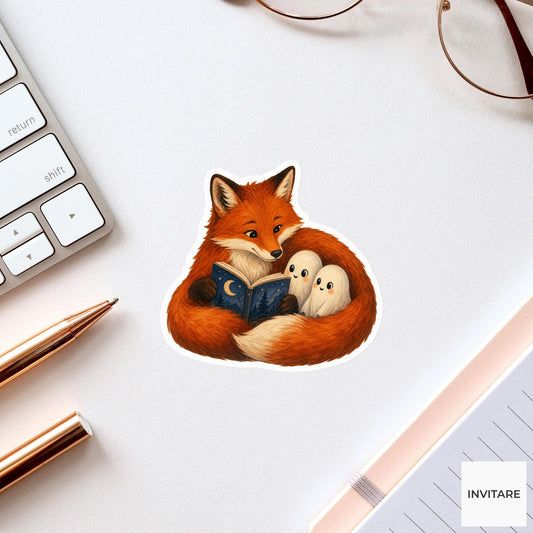 Fox Reading to Baby Ghosts Sticker, Cute Spooky Halloween Laptop Bottle Planner Journal Gift