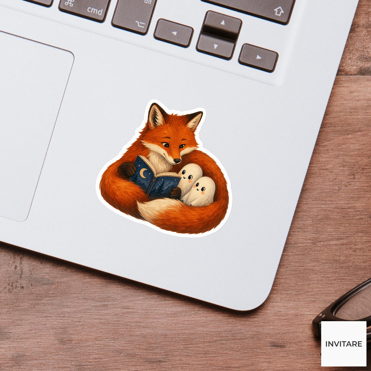 Fox Reading to Baby Ghosts Sticker, Cute Spooky Halloween Laptop Bottle Planner Journal Gift