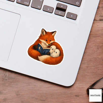 Fox Reading to Baby Ghosts Sticker, Cute Spooky Halloween Laptop Bottle Planner Journal Gift